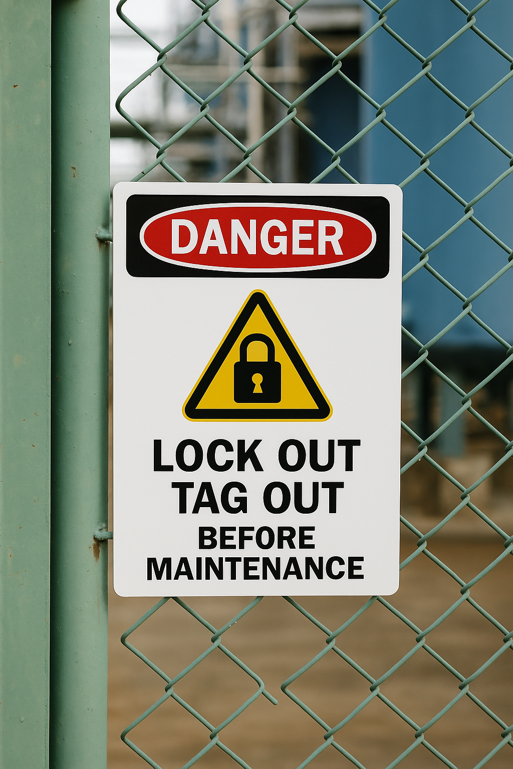 ABS safety sign reading “DANGER – LOCK OUT TAG OUT BEFORE MAINTENANCE” displayed on a green chain-link fence in an industrial area. Ideal for machinery and maintenance zones, this laser-engraved sign enhances workplace compliance and visibility.