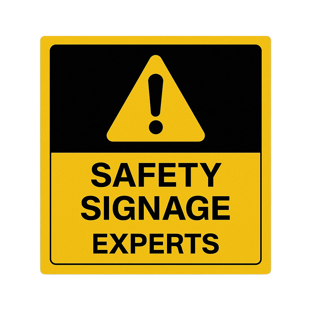Square yellow and black warning sign with exclamation mark symbol and bold text reading ‘Safety Signage Experts,’ designed for industrial and workplace safety branding.