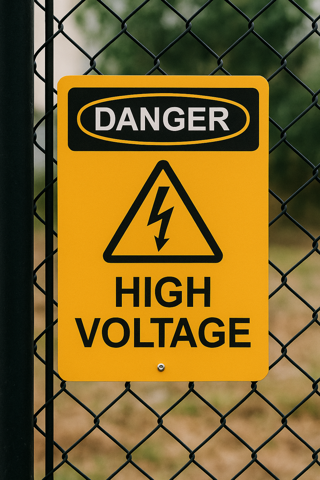 Bright yellow ABS warning sign reading “DANGER – HIGH VOLTAGE” mounted on a black chain-link fence. Designed for industrial safety, this laser-cut sign is weatherproof and clearly visible in outdoor conditions.