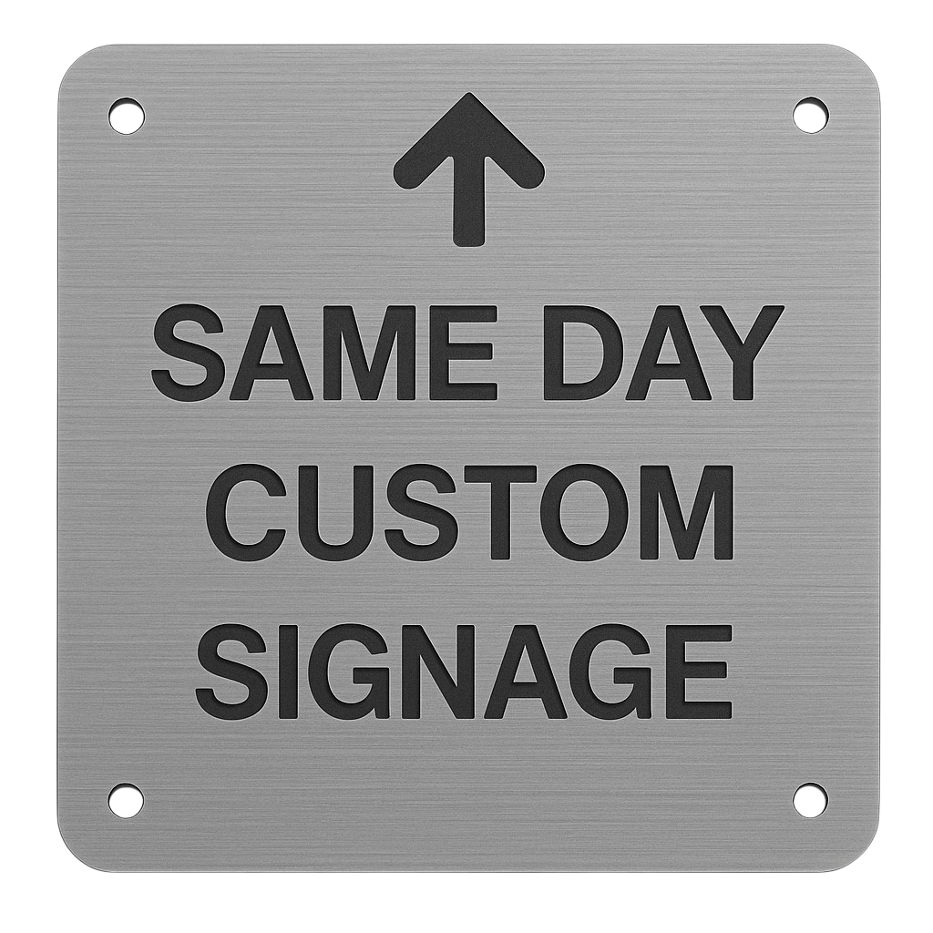 Square ABS engraved sign with bold text reading ‘Same Day Custom Signage’ and an upward arrow, mounted for industrial or commercial use in Darwin NT