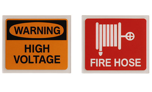Two ABS industrial signs: an orange and black ‘Warning High Voltage’ sign and a red ‘Fire Hose’ sign with hose reel graphic. Designed for electrical and fire safety compliance.
