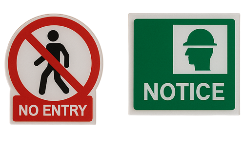 Two ABS safety signs: a red and white ‘No Entry’ sign with a person silhouette crossed out, and a green ‘Notice’ sign showing a hard hat symbol. Ideal for restricted areas and safety zones.