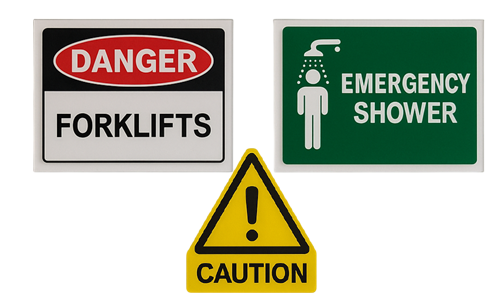 Three ABS warning signs: a ‘Danger Forklifts’ sign, a green ‘Emergency Shower’ sign with shower icon, and a yellow triangular ‘Caution’ sign with exclamation mark. Used in warehouses and hazardous zones.