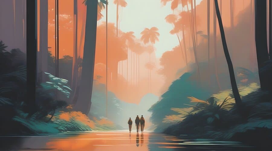 Excited adventurers hiking through scenic trails