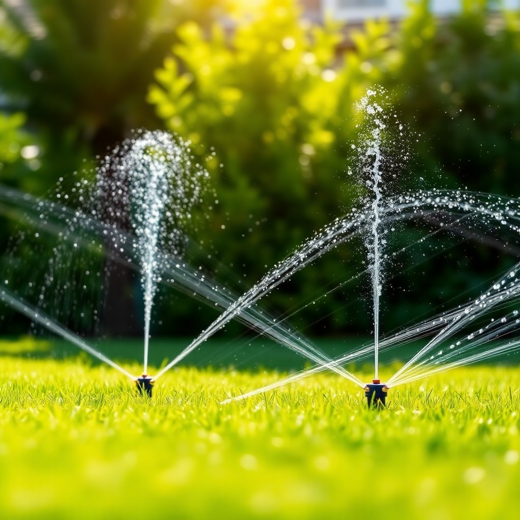 Sprinkler irrigation system watering a green lawn