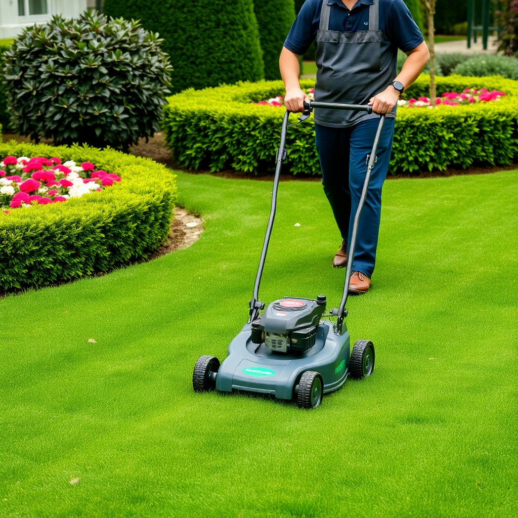 Person mowing a lush green lawn