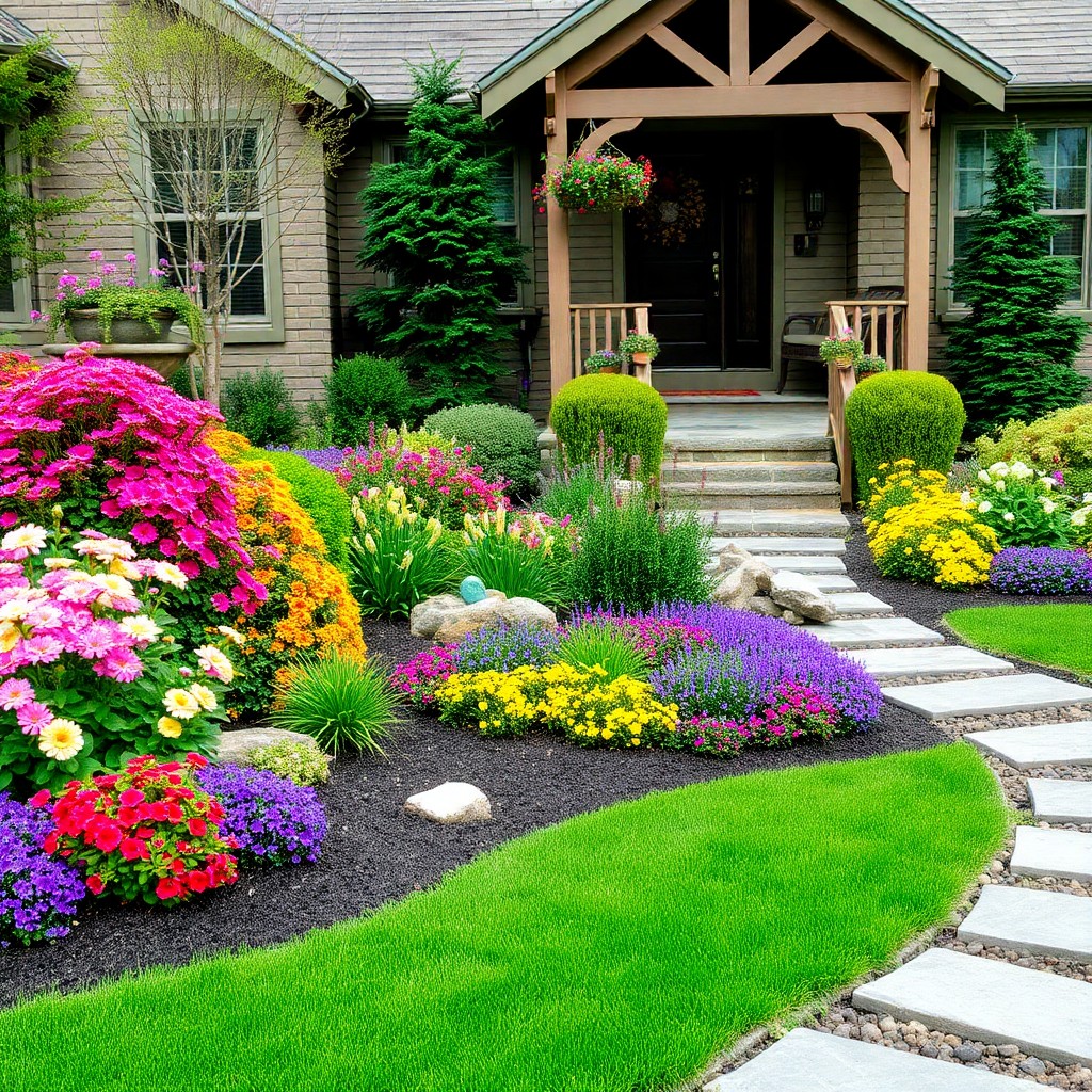 Front yard landscaping with green plants and stones