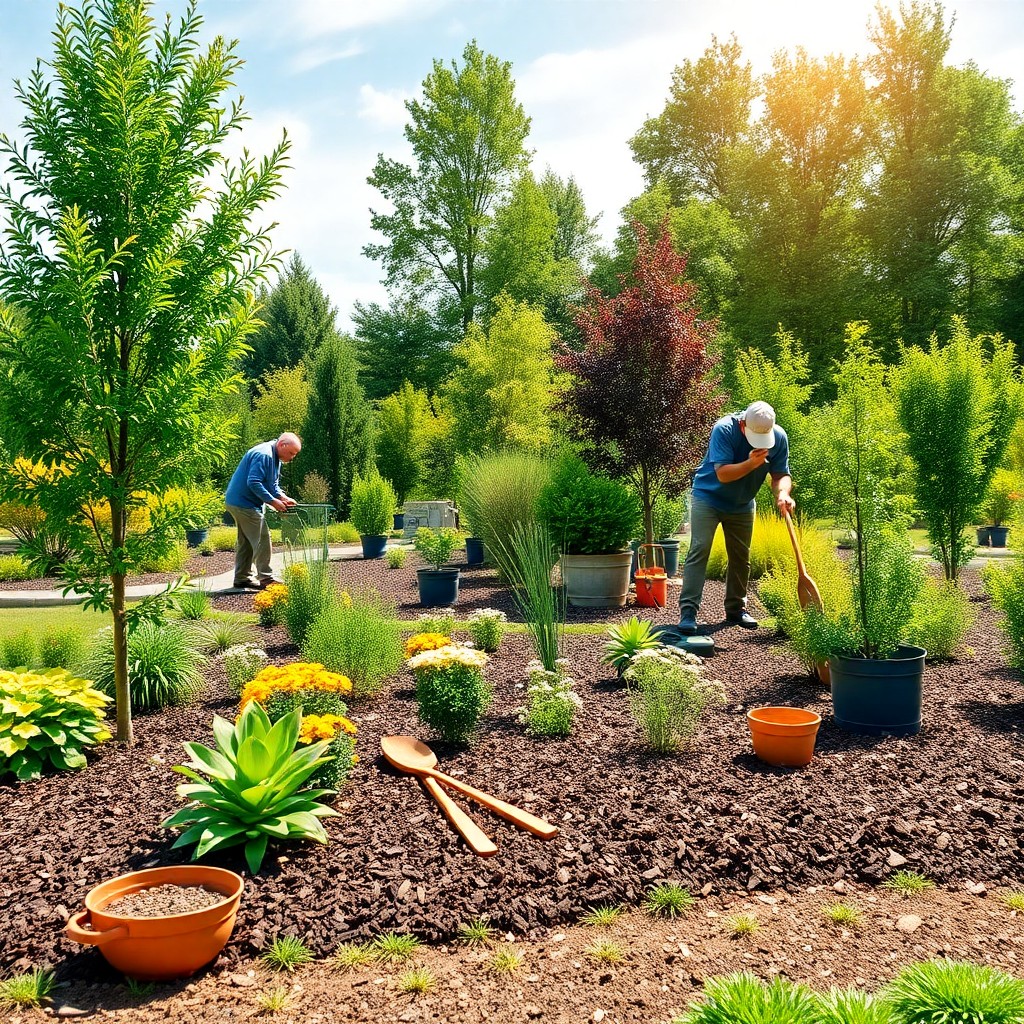 Vibrant Landscaping team working in a beautifully landscaped garden