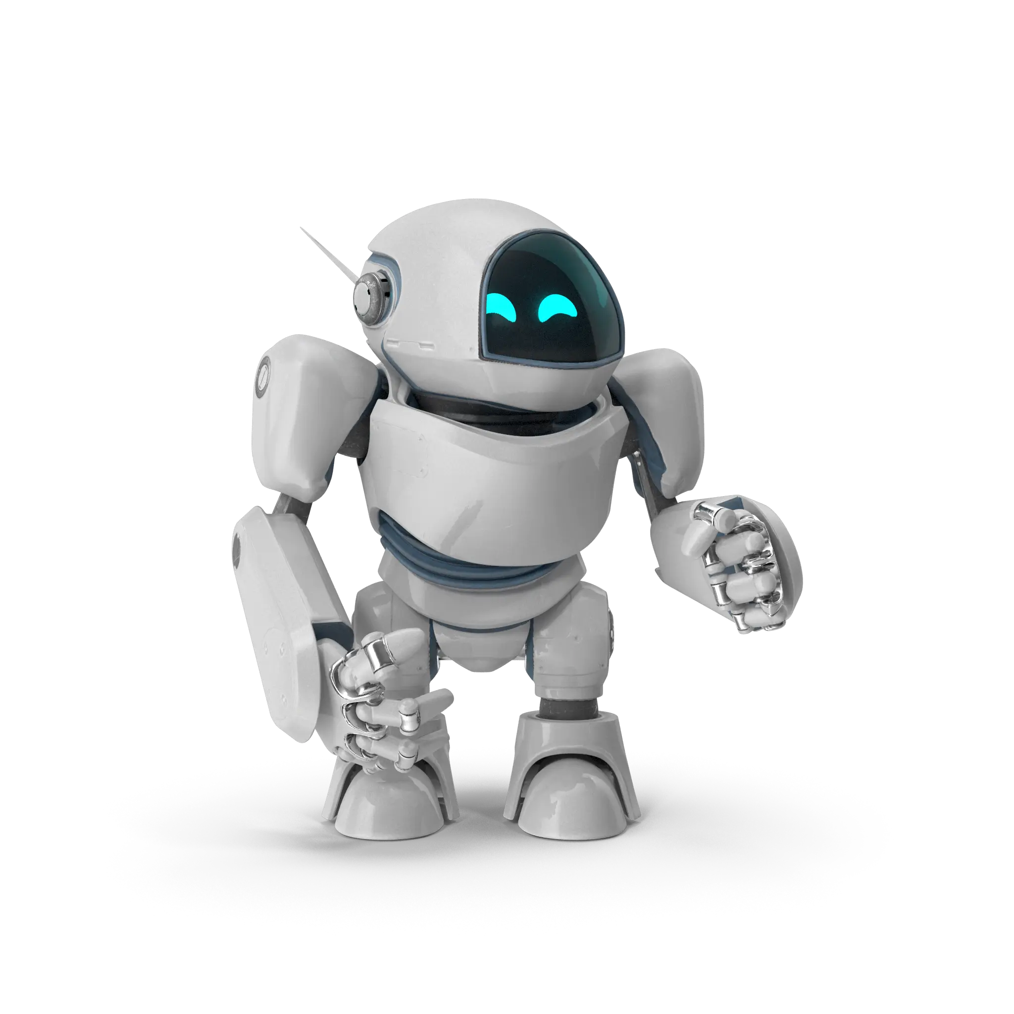 robot standing and smiling with eyes