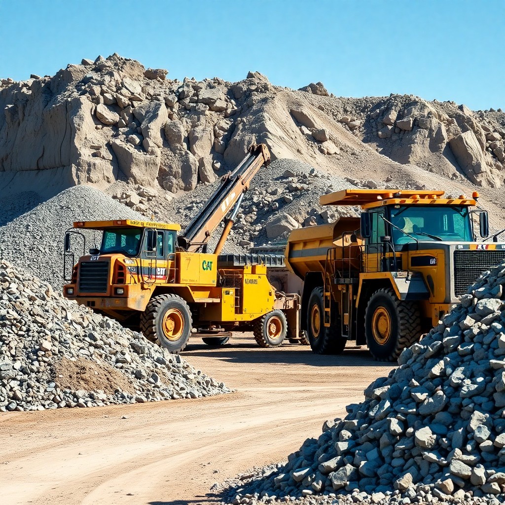Two dump trucks parked in front of a large pile of rocks, showcasing construction or landscaping activity.