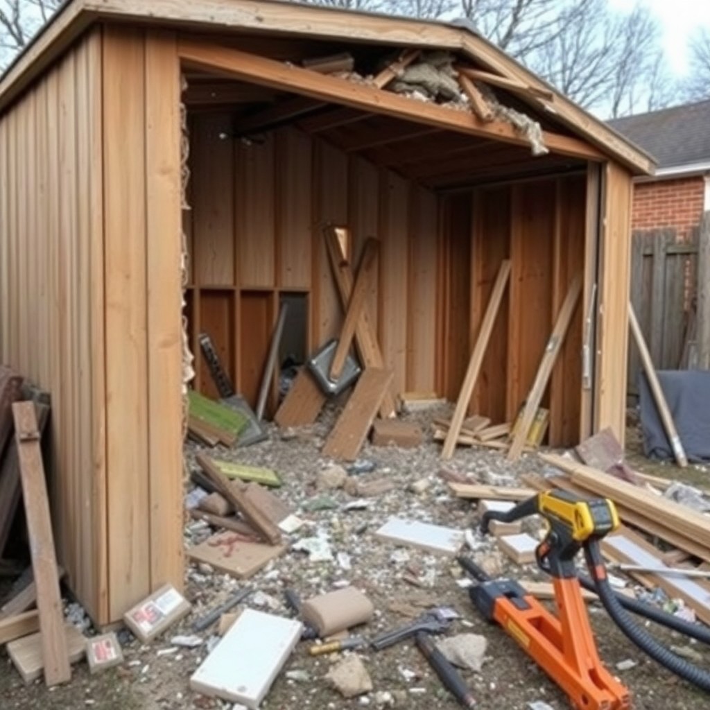 A dilapidated shed with a broken door stands beside a disorganized pile of wooden planks.