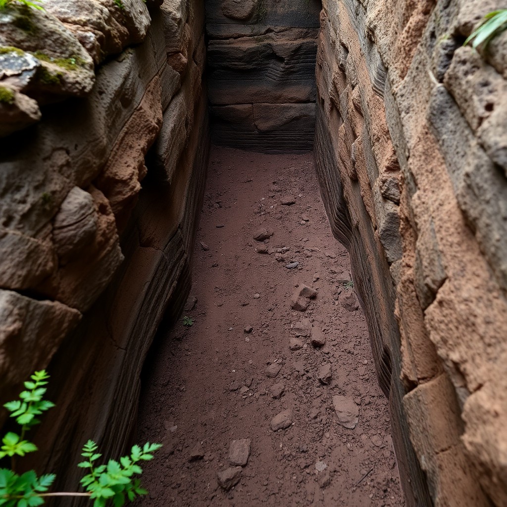 A narrow tunnel surrounded by rugged rocks, leading into an unknown darkness.