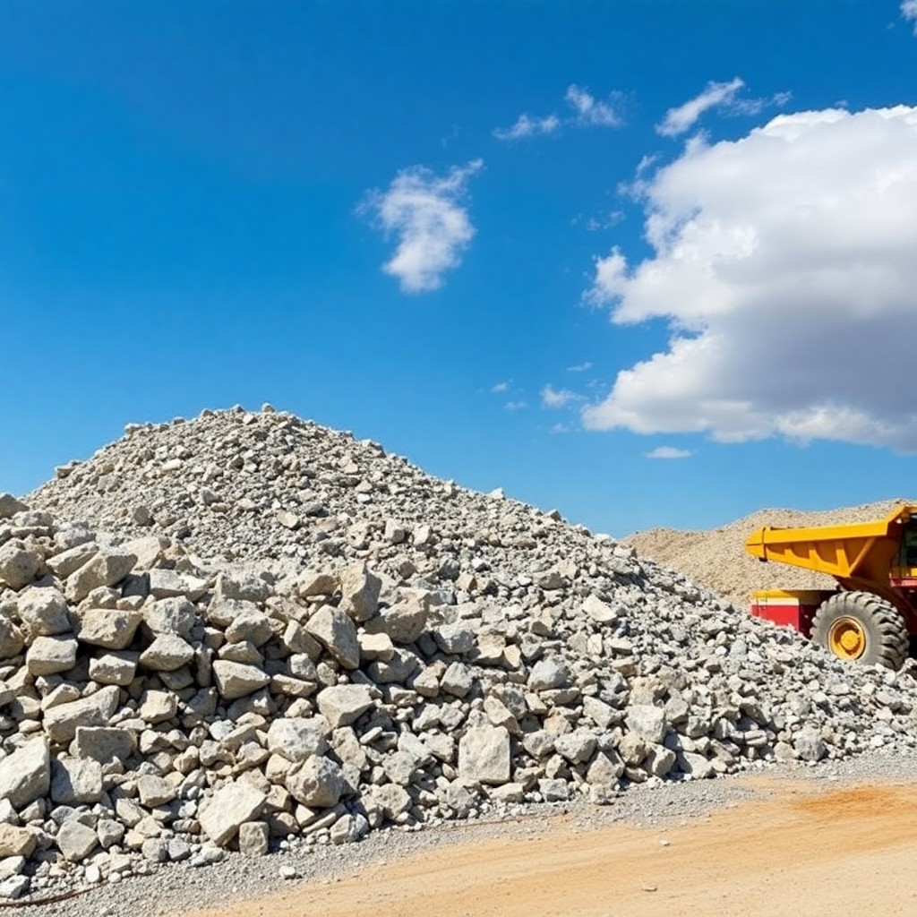 A dump truck parked beside a large pile of rocks, ready for loading or unloading materials at a construction site.