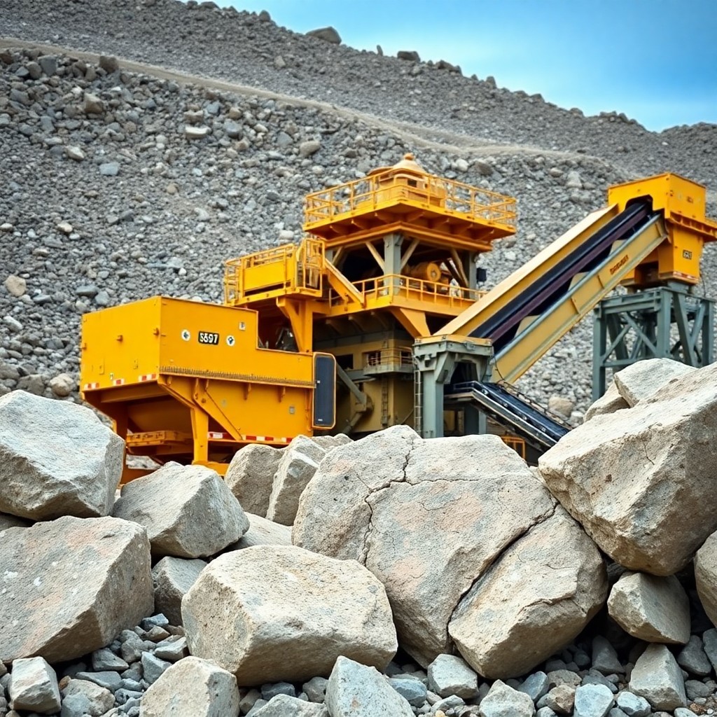 A large yellow crusher positioned atop a pile of rocks, showcasing its robust construction and industrial purpose.