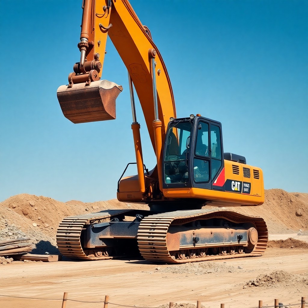 A large excavator rests on a mound of dirt, showcasing its robust structure and heavy machinery design.