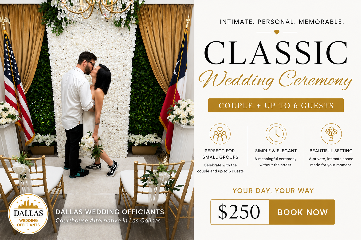 Dallas Wedding Officiants Classic Wedding Ceremony package for couples with up to 6 guests in Las Colinas, Irving, Texas.