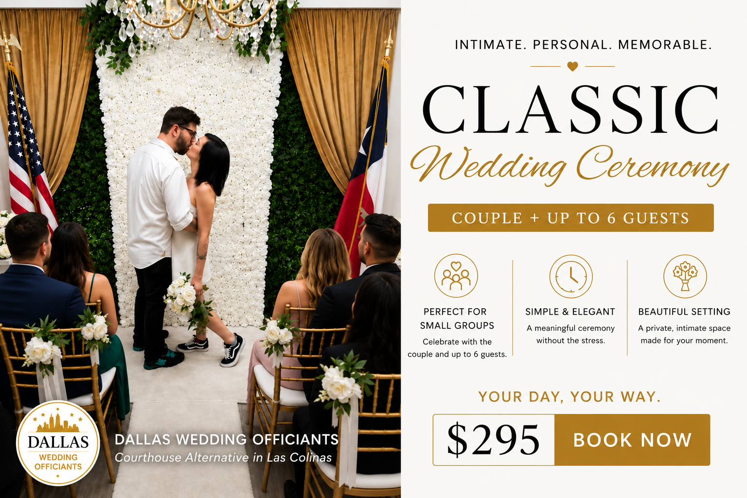 Dallas Wedding Officiants Classic Wedding Ceremony package for couples with up to 6 guests in Las Colinas, Irving, Texas.