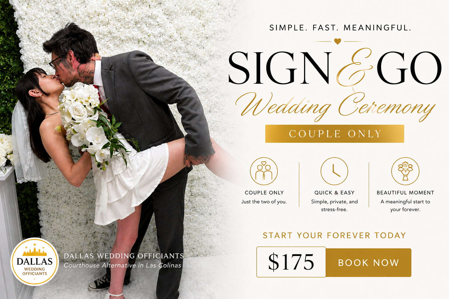 Dallas Wedding Officiants Sign & Go Wedding Ceremony package for couples only in Las Colinas, Irving, Texas.