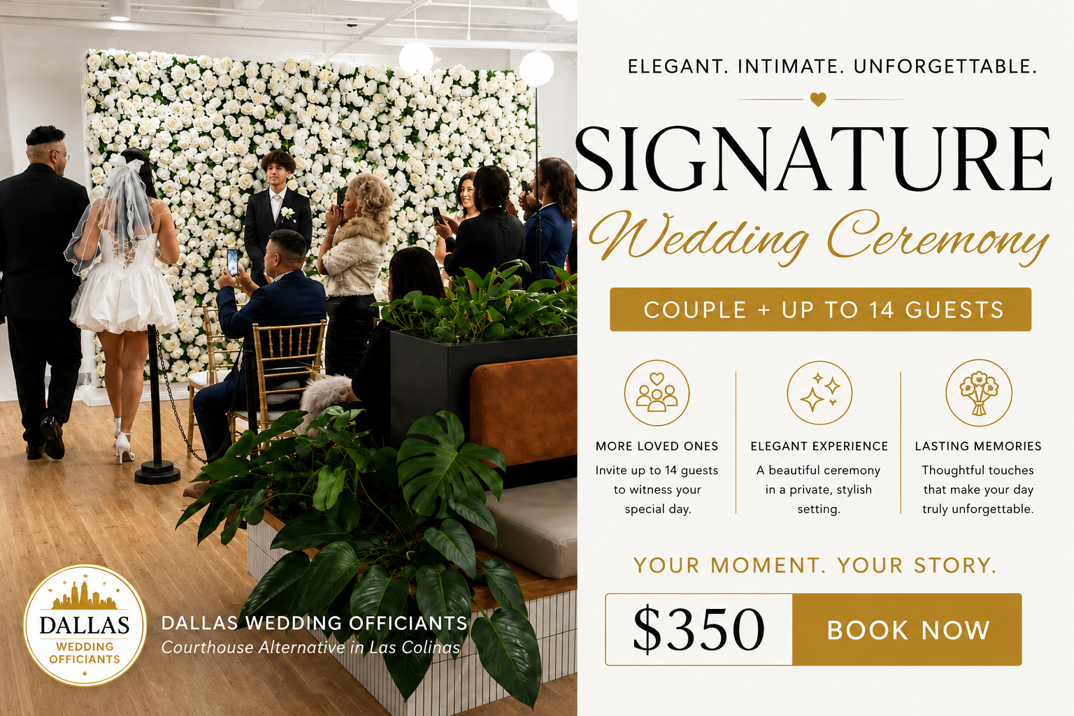 Dallas Wedding Officiants Signature Wedding Ceremony package for couples with up to 14 guests in Las Colinas, Irving, Texas.