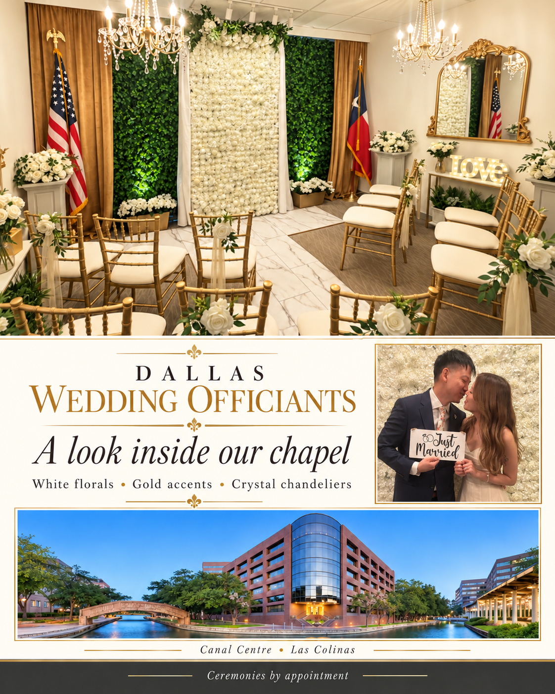 Courthouse Wedding Chapel of Dallas featuring an elegant private ceremony space with a white floral wall and wedding décor