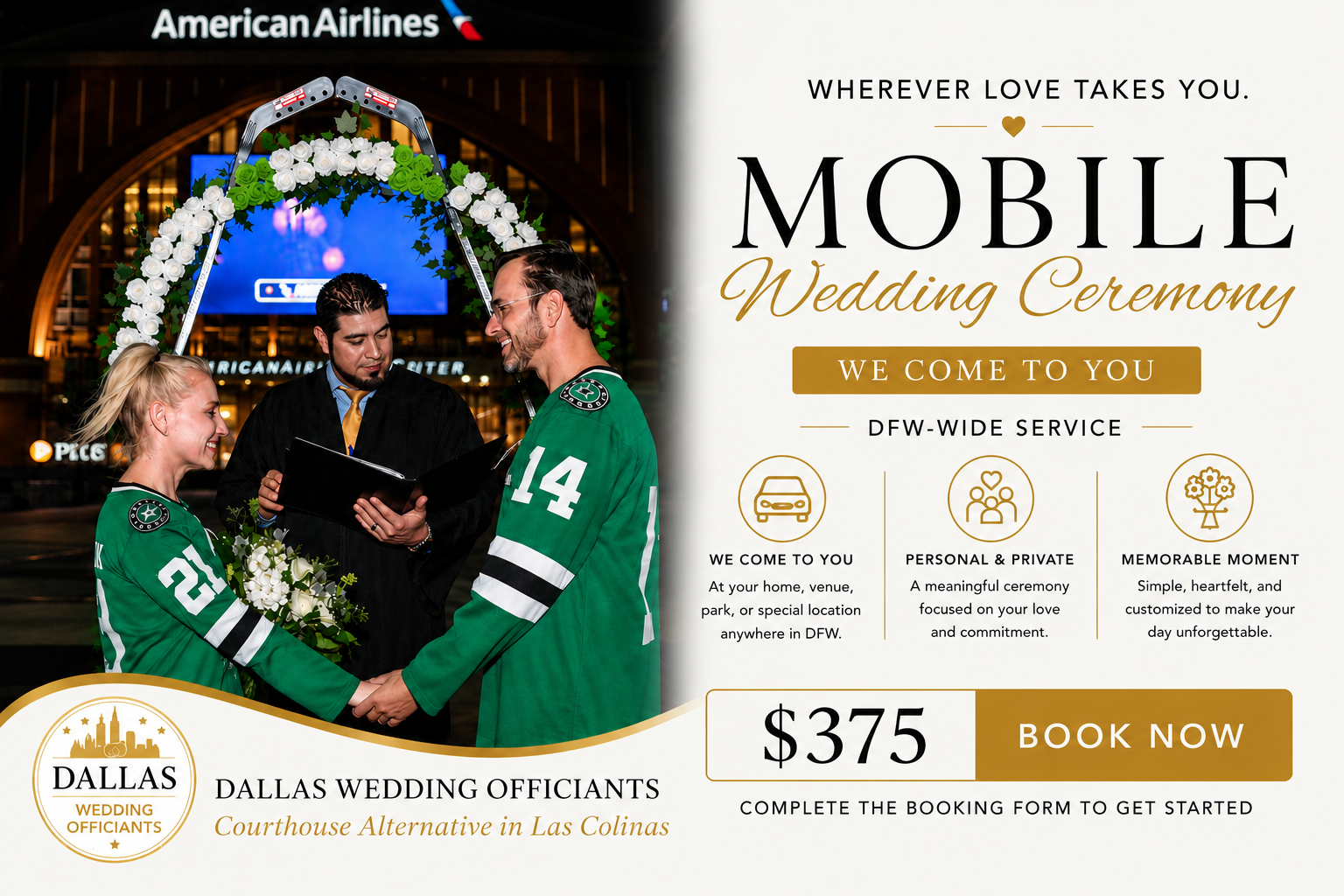 Dallas Wedding Officiants performing a $375 mobile wedding ceremony for a couple outside American Airlines Center in Dallas, Texas.