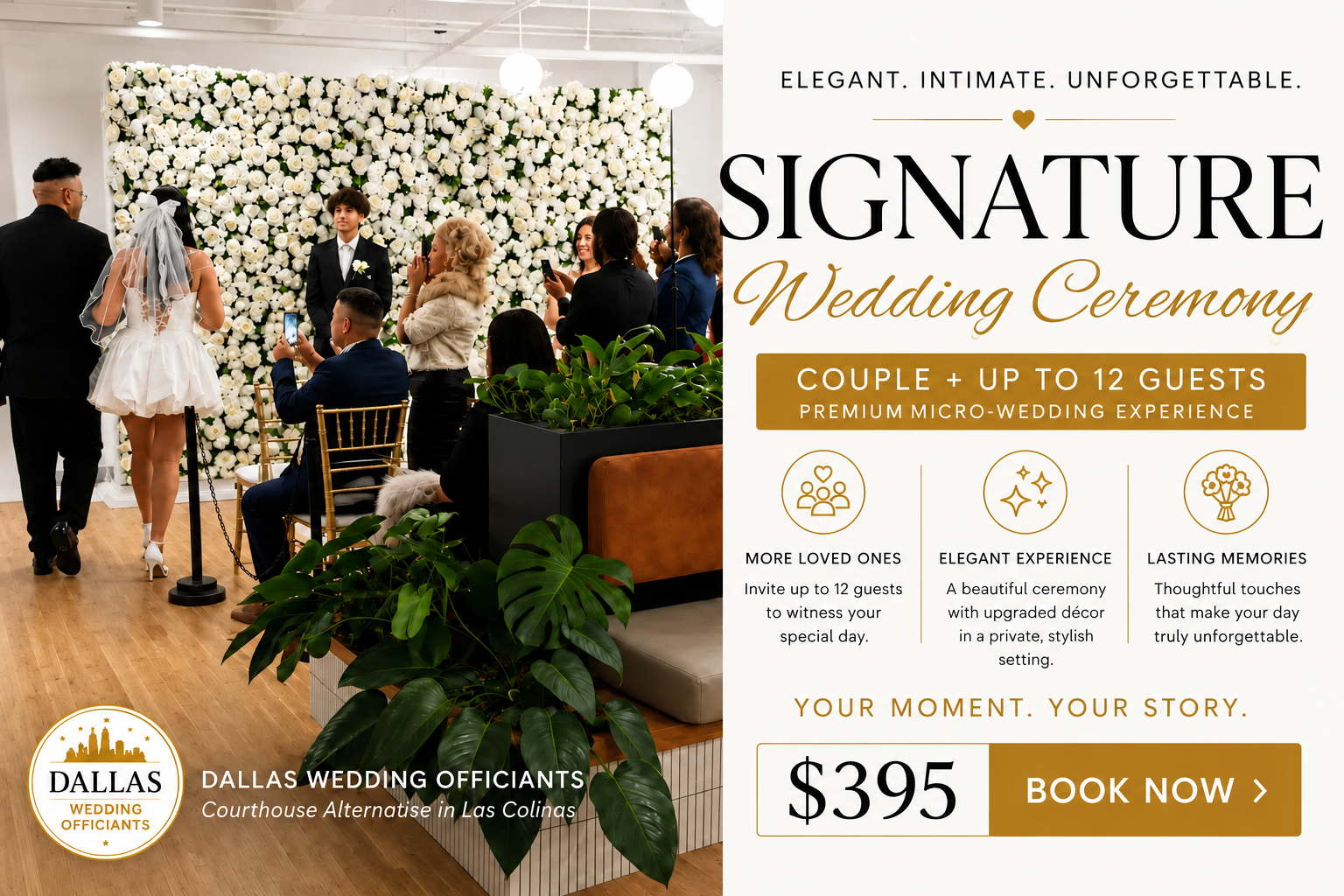 Dallas Wedding Officiants Signature Wedding Ceremony package for couples with up to 14 guests in Las Colinas, Irving, Texas.