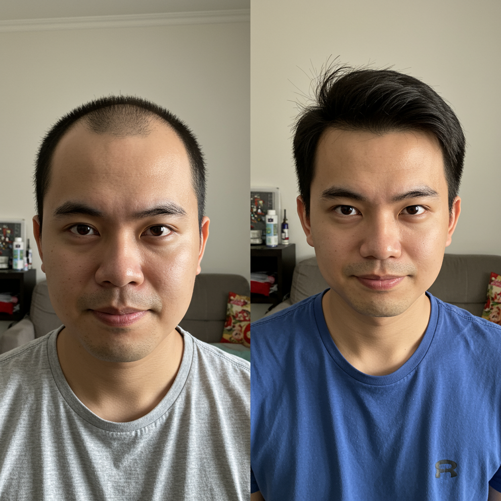 Malaysia bald man after use hair treatment becomes full hair