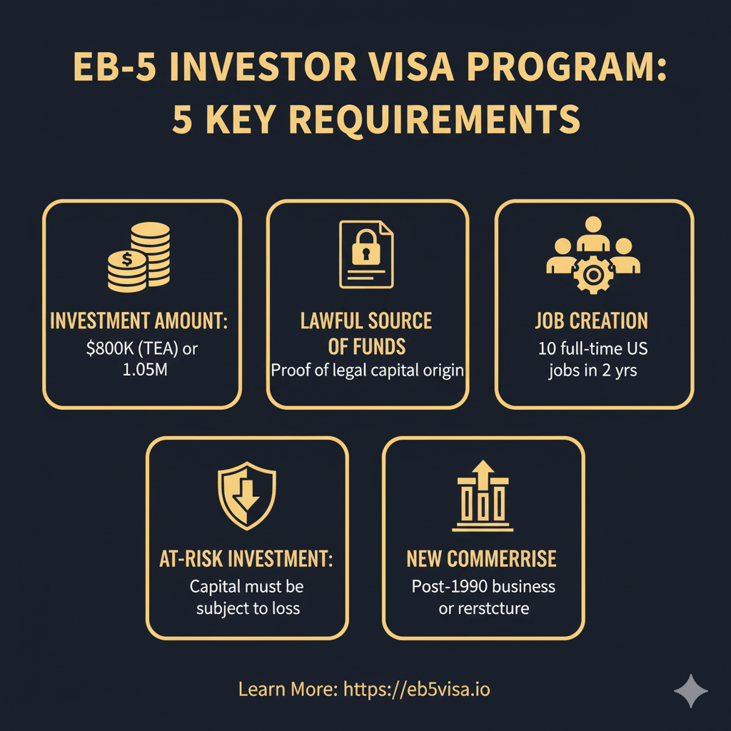 Infographic of the Key Requirements for the EB-5 Investor Program