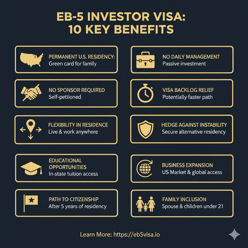 Infographic showing the benefits of an EB-5 visa including education, career, and citizenship.