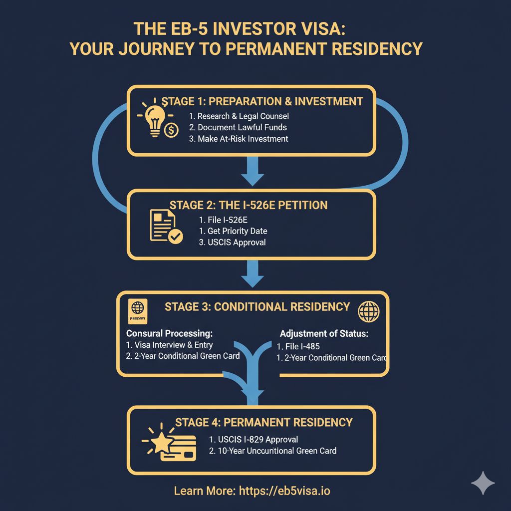 Flowchart of the EB-5 Visa Process, from I-526E petition to permanent residency