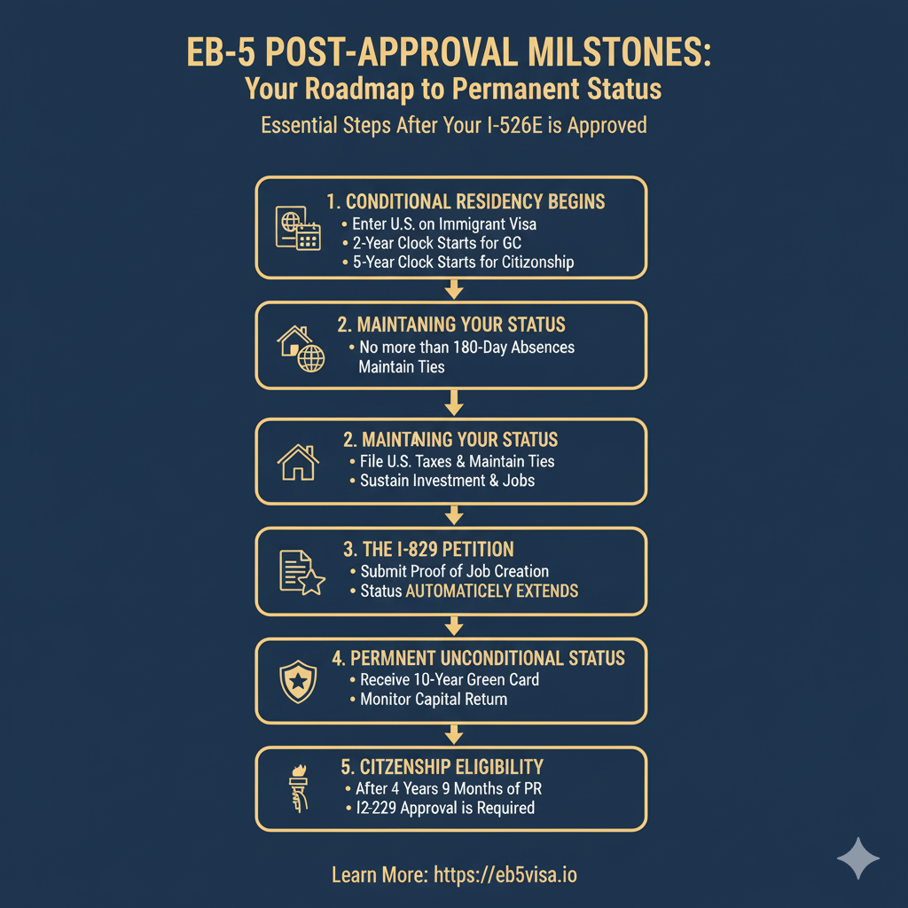 An infographic timeline showing the post-approval milestones for an EB-5 investor, including the I-829 filing window, maintaining residency, and eligibility for U.S. citizenship.