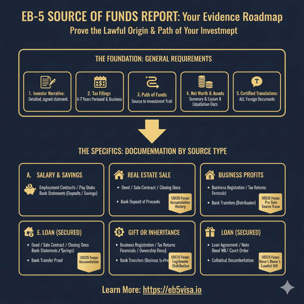 A flowchart infographic detailing the EB-5 Source of Funds (SOF) documentation process, showing how funds move from their origin to the EB-5 project.