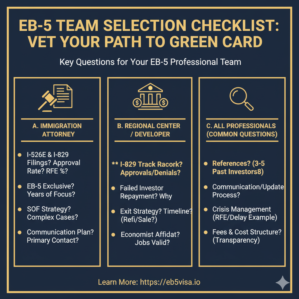 An infographic showing the key members of an EB-5 investor's team, including the Immigration Attorney, Regional Center, and Escrow Agent, and their relationships.