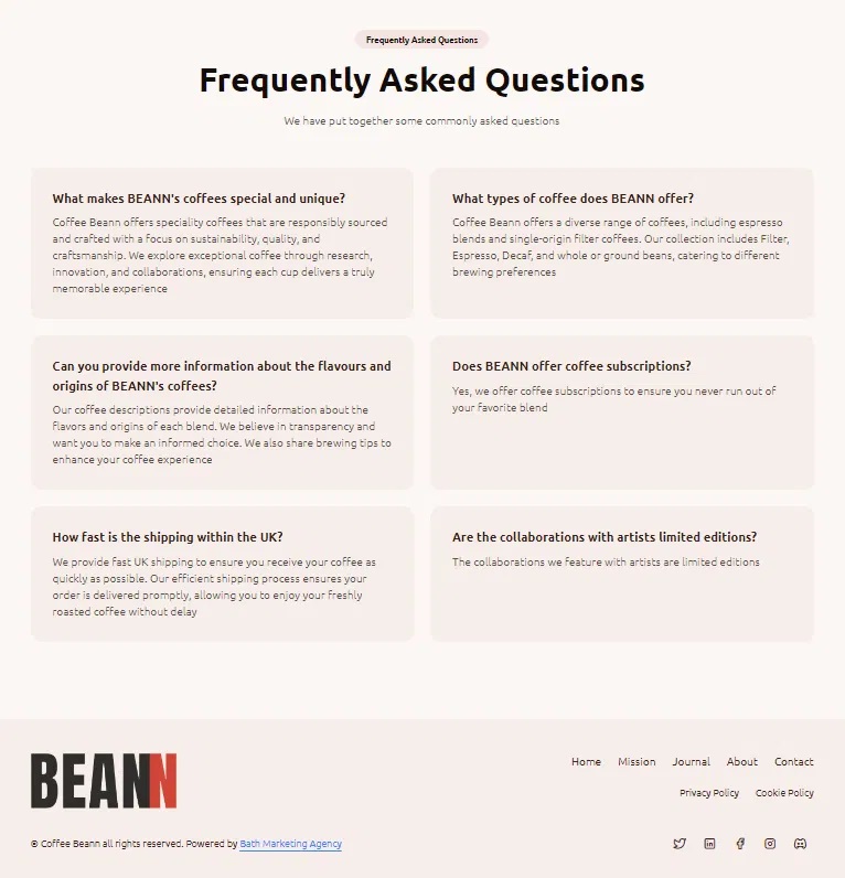 A webpage section titled "Frequently Asked Questions," outlining common inquiries about BEANN's specialty coffees, including details on their unique offerings, flavour profiles, shipping information, and collaborations with artists. Bath Digital Marketing Agency