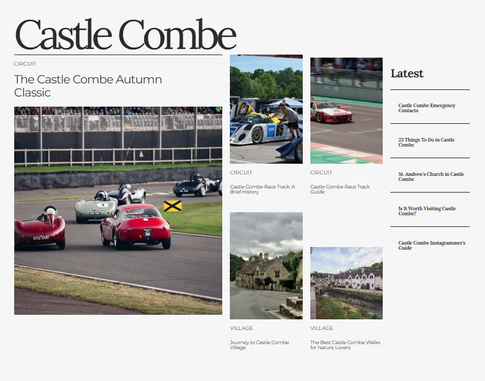 A webpage titled "The Castle Combe Autumn Classic," featuring an image of classic cars racing on a track, along with sections for related articles on the circuit and village. Bath Digital Marketing Agency
