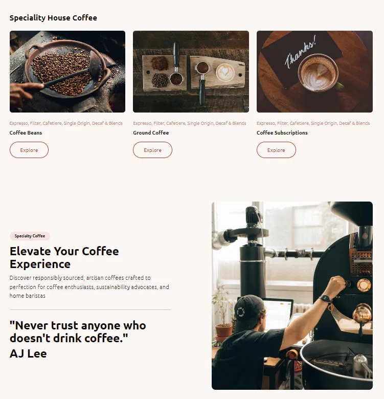 A webpage section titled "Elevate Your Coffee Experience," featuring a barista operating a coffee roaster, with options to explore various coffee products such as ground coffee, coffee subscriptions, and specialty blends. Bath Digital Marketing Agency
