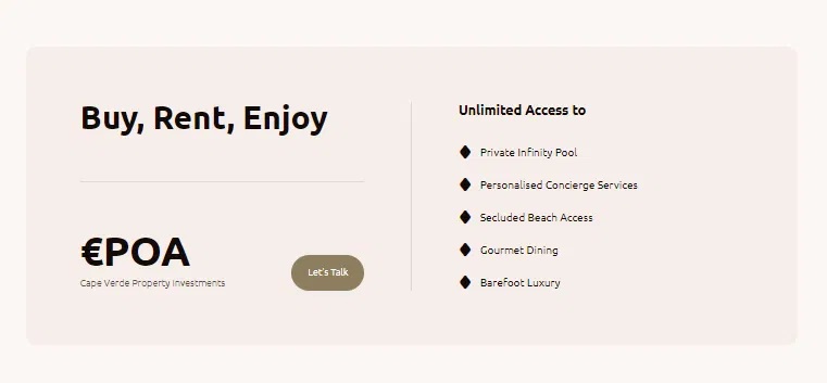 A webpage section titled "Buy, Rent, Enjoy," featuring pricing information (€POA) and a list of exclusive amenities including a private infinity pool, personalised concierge services, secluded access, gourmet dining, and barefoot luxury, with a "Let's Talk" button. Bath Digital Marketing Agency