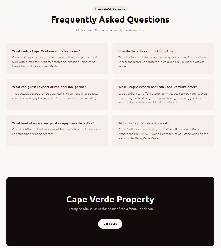 A webpage section titled "Frequently Asked Questions," listing common inquiries about Cape Veridium villas, including their luxury features, nature access, guest experiences, views, and location details. Bath Digital Marketing Agency