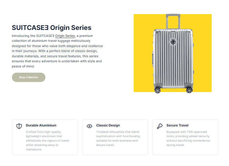 Webpage layout showcasing SUITCASEƎ eco-friendly luxury luggage landing page with icon series luggage banner by Bath Digital Marketing Agency