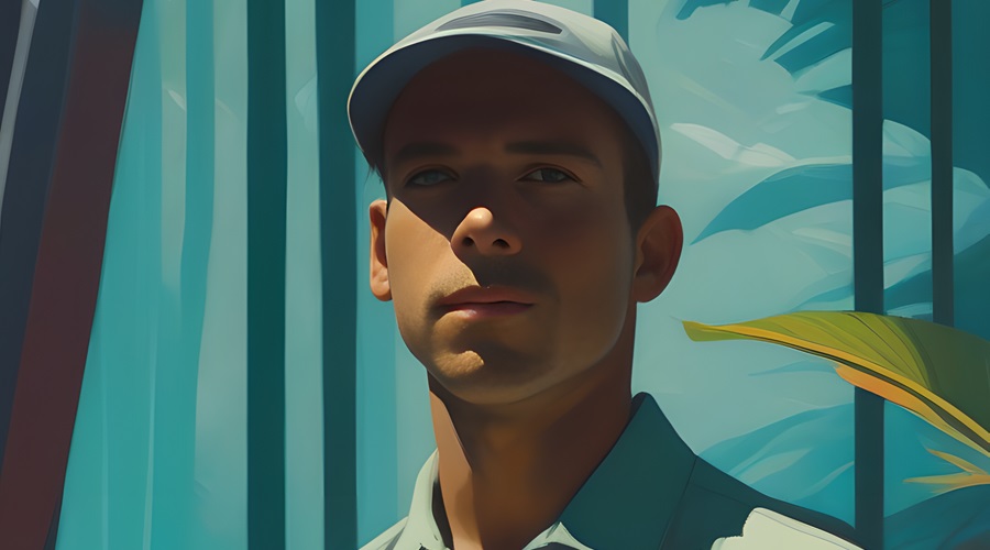 Portrait of a young man in a light blue shirt and cap, set against a backdrop of green leaves and blue tones, representing the Bath Marketing Agency's creative work.