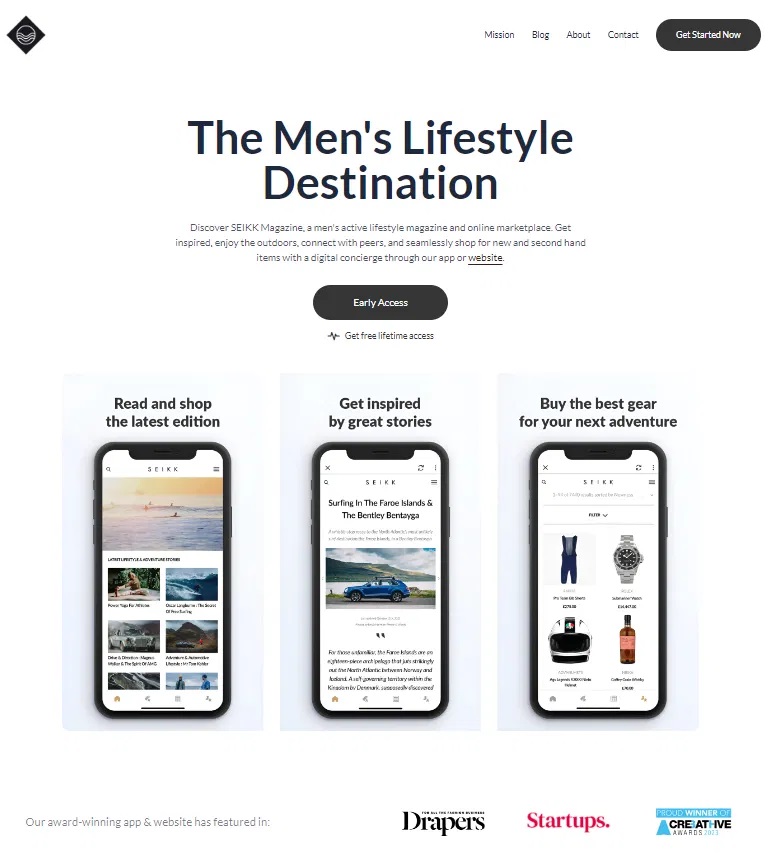 Screenshot of the homepage for SEIKK Magazine, showcasing a mobile app interface for men's lifestyle content, featuring sections for shopping, inspiration, and adventure. Bath Digital Marketing Agency