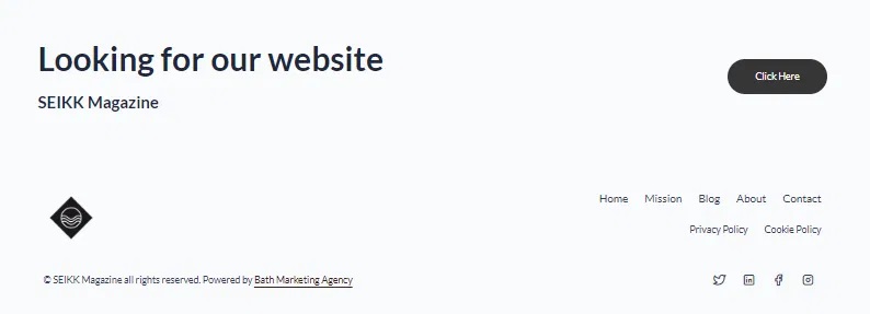 A webpage section titled "Looking for our website," featuring the SEIKK Magazine logo and links to the mission, blog, about, contact, privacy policy, and cookie policy, along with a button to click for further navigation. Bath Digital Marketing Agency