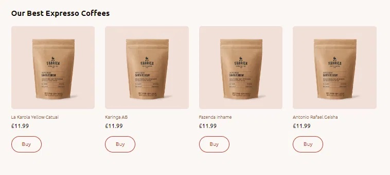 A product display showcasing "Our Best Espresso Coffees," featuring four coffee bags with names and prices, alongside "Buy" buttons for each item Bath Digital Marketing Agency