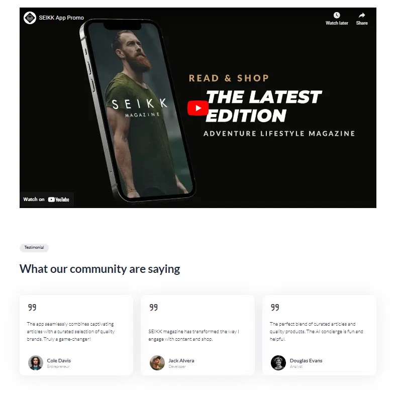 A promotional section for the SEIKK app featuring a smartphone displaying the magazine cover, alongside a call-to-action to watch the latest edition on YouTube and testimonials from the community. Bath Digital Marketing Agency