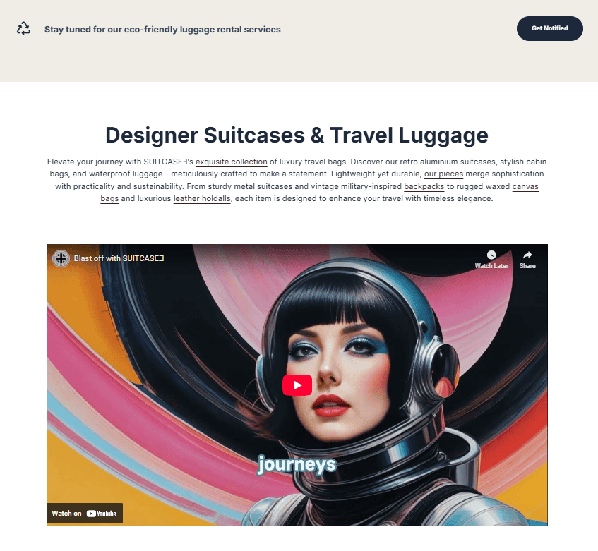 Webpage layout showcasing SUITCASEƎ eco-friendly luxury luggage landing page with female astronaut luggage video by Bath Digital Marketing Agency