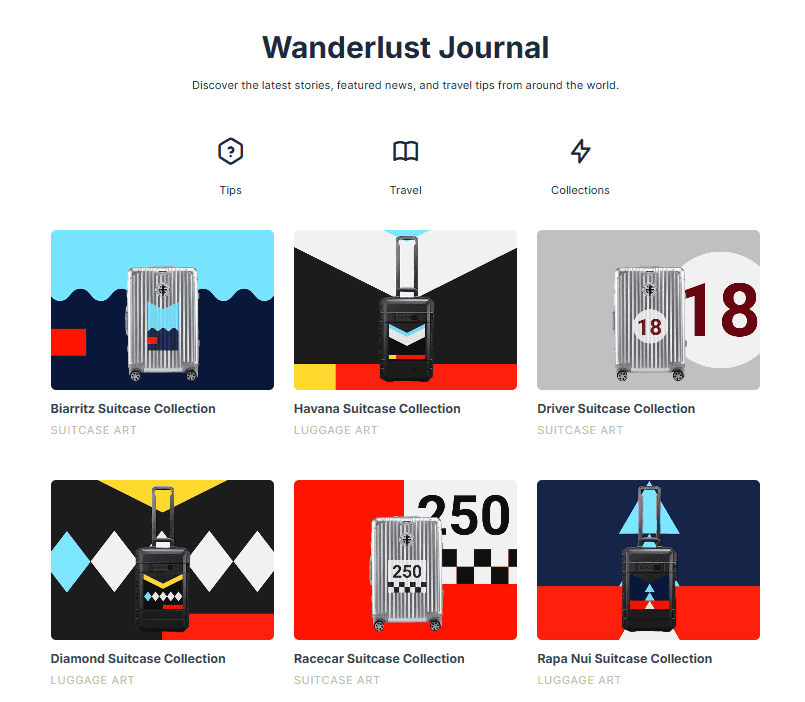 Webpage layout showcasing SUITCASEƎ eco-friendly luxury luggage landing page with Wanderlust blog features by Bath Digital Marketing Agency
