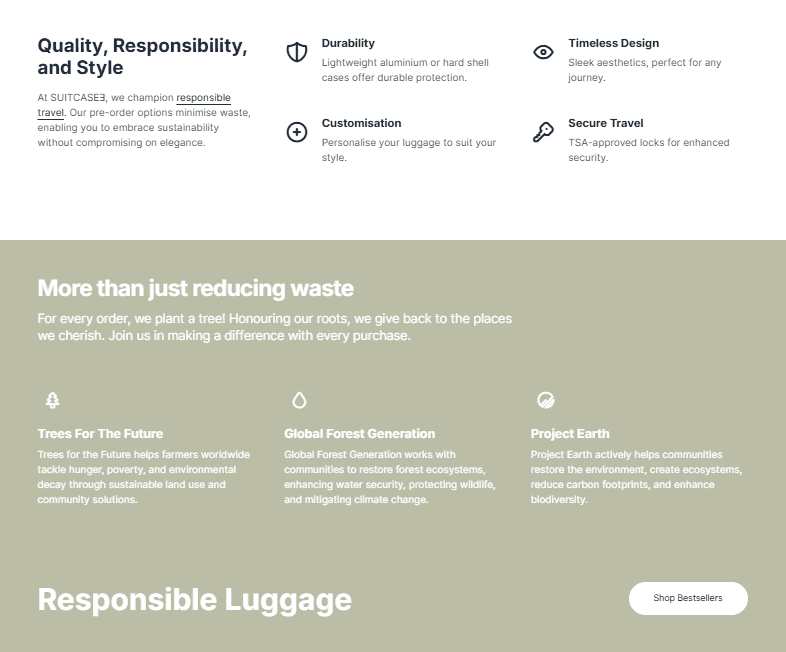Webpage layout showcasing SUITCASEƎ eco-friendly luxury luggage landing page with quality, responsibility and style by Bath Digital Marketing Agency