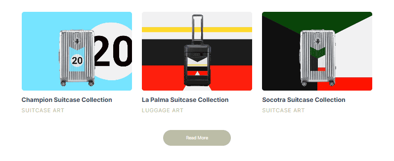 Webpage layout showcasing SUITCASEƎ eco-friendly luxury luggage landing page with artist series blog features by Bath Digital Marketing Agency