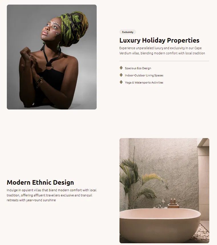 A webpage section titled "Modern Ethnic Design," featuring an image of a luxurious villa bathroom with a freestanding tub and decorative elements, accompanied by a description highlighting the blend of modern comfort and local tradition. Bath Digital Marketing Agency