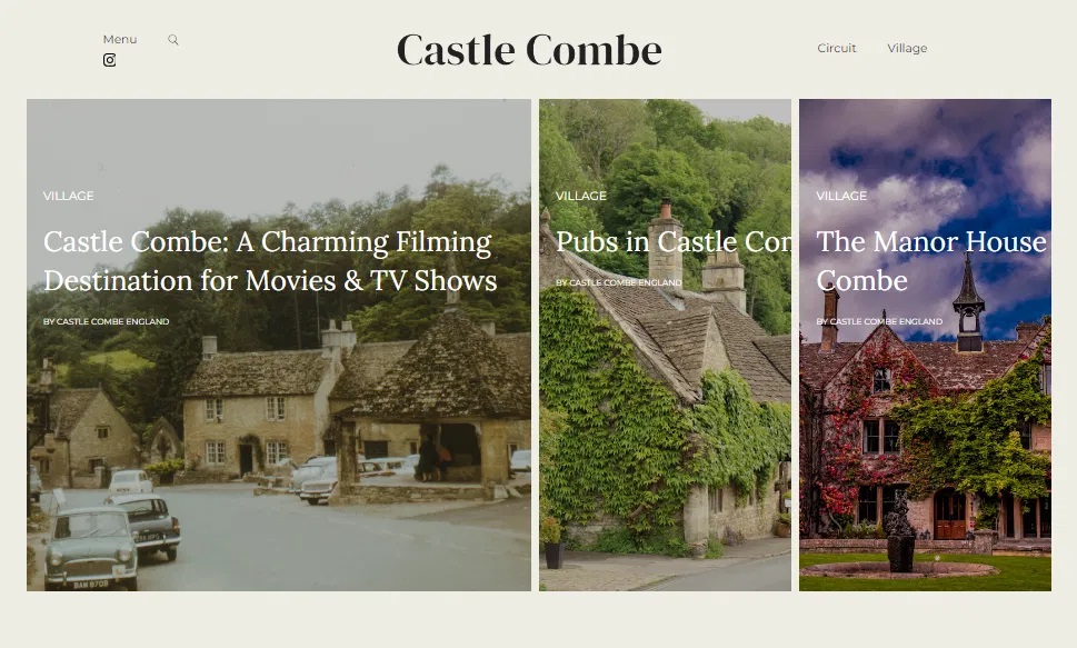 Homepage of Castle Combe, featuring sections on the village as a filming destination, local pubs, and the Manor House, with images showcasing the charming architecture and scenery. Bath Digital Marketing Agency